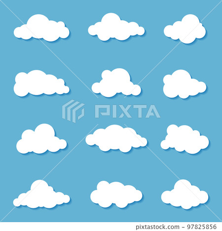 Different clouds on blue sky in origami design. Collection of white paper cut out cloud icons. Paper cloud. Weather symbols. Vector illustration Different clouds on blue sky in origami design. Collection of white paper cut out cloud icons. Paper cloud. Weather symbols. Vector illustration 97825856