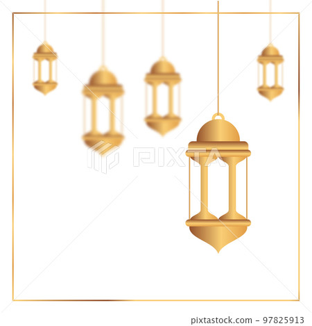 Oriental lamps. Arab lanterns hang on gold chains. Isolated realistic decorative lighting. Ramadan vector banner. Illustration lantern and lamp light muslim 97825913