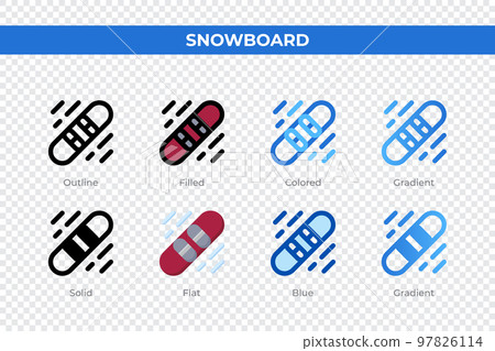 Snowboard icons in different style. Snowboard icons set. Holiday symbol. Different style icons set. Vector illustration 97826114