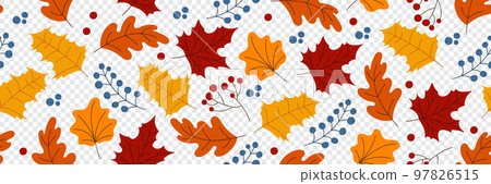 Long seamless autumn pattern with berries and leaves. Autumn seamless pattern. Charming autumn pattern. Hand drawn. Vector illustration Long seamless autumn pattern with berries and leaves. Autumn seamless pattern. Charming autumn pattern. Hand drawn. Vector illustration 97826515