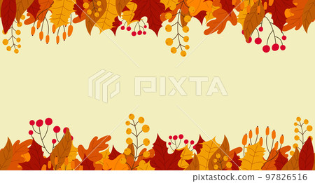 Background with leaves and berries in the fall. Hello autumn seamless banner with orange and red leaves. Vector illustration Background with leaves and berries in the fall. Hello autumn seamless banner with orange and red leaves. Vector illustration 97826516