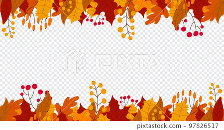 Background with leaves and berries in the fall. Hello autumn seamless banner with orange and red leaves. Vector illustration Background with leaves and berries in the fall. Hello autumn seamless banner with orange and red leaves. Vector illustration 97826517