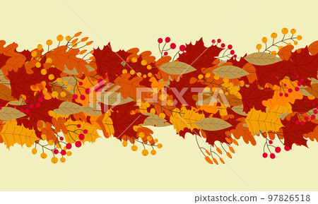 Background of stylized autumn leaves for greeting cards. Seamless horizontal banner with autumn colorful plants. Hand drawn. Vector illustration 97826518
