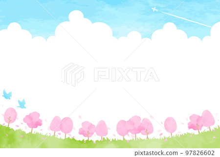 Gentle hand-painted cherry blossom tree landscape illustration Gentle hand-painted cherry blossom tree landscape illustration 97826602
