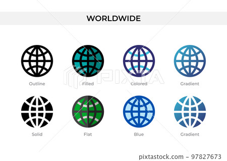 Worldwide icon in different style. Worldwide vector icons designed in outline, solid, colored, filled, gradient, and flat style. Symbol, logo illustration. Vector illustration 97827673