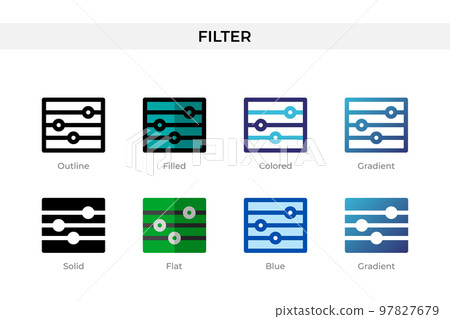 Filter icon in different style. Filter vector icons designed in outline, solid, colored, filled, gradient, and flat style. Symbol, logo illustration. Vector illustration Filter icon in different style. Filter vector icons designed in outline, solid, colored, filled, gradient, and flat style. Symbol, logo illustration. Vector illustration 97827679