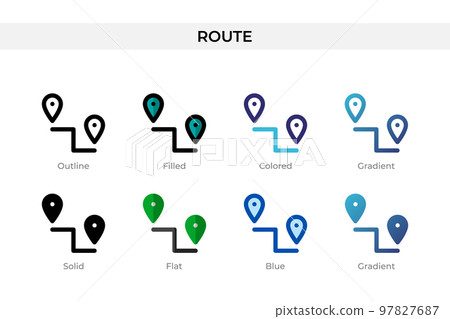 Route icon in different style. Route vector icons designed in outline, solid, colored, filled, gradient, and flat style. Symbol, logo illustration. Vector illustration Route icon in different style. Route vector icons designed in outline, solid, colored, filled, gradient, and flat style. Symbol, logo illustration. Vector illustration 97827687