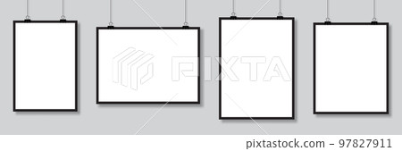 Set of mockups hanging on the wall. Vector poster mockup with white frame. Realistic empty banner. Vector illustration Set of mockups hanging on the wall. Vector poster mockup with white frame. Realistic empty banner. Vector illustration 97827911