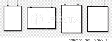 Set of mockups hanging on the wall. Vector poster mockup with white frame. Realistic empty banner. Vector illustration Set of mockups hanging on the wall. Vector poster mockup with white frame. Realistic empty banner. Vector illustration 97827912