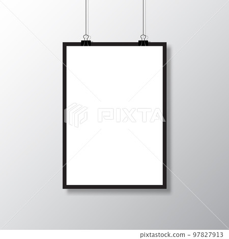 Realistic blank white paper hanging on clip. Mockup template. Vertical empty sheet with shadow. Vector illustration Realistic blank white paper hanging on clip. Mockup template. Vertical empty sheet with shadow. Vector illustration 97827913