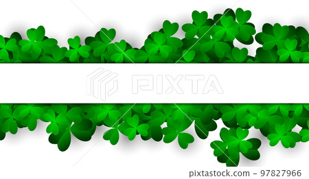 Greeting card with green clovers. Realistic green clovers background. Modern geometric template. Trendy paper art design. Vector illustration 97827966