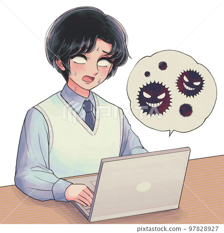 一名高中生的計算機感染病毒時驚慌失措的插圖 一名高中生的計算機感染病毒時驚慌失措的插圖 97828927