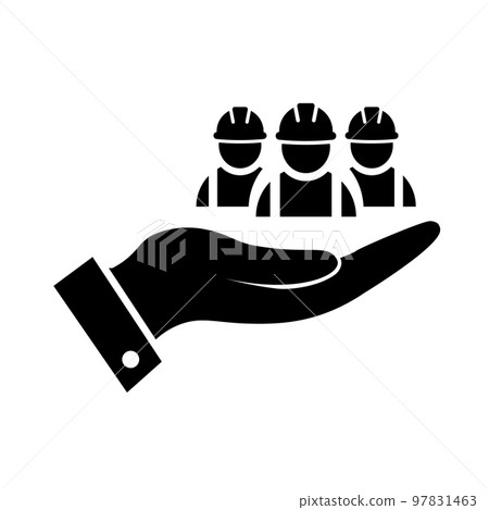 Black construction workers on hand icon. Labor day 97831463