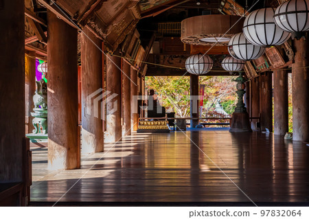 The main hall with the sun shining in, seen at Hase-dera Temple in Nara Prefecture in autumn 97832064