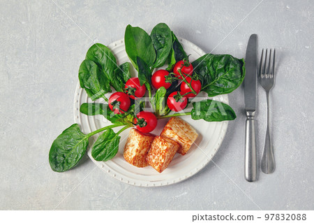 Fried curd cheese mozzarella halloumi with green spinach and cherry tomato on a branch on a gray concrete table 97832088