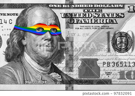 Portrait of Benjamin Franklin wearing a mask in the colors of the LGBT flag on a hundred dollar banknote Portrait of Benjamin Franklin wearing a mask in the colors of the LGBT flag on a hundred dollar banknote 97832091