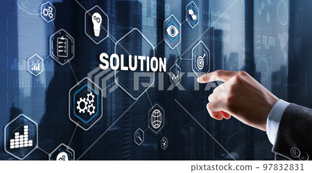 Solution. Businessman pressing on touch screen interface inscription Solutions. Business concept. Internet concept 97832831