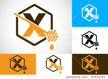 Initial letter X with honeycomb bees logo design vector illustration. Honey logo font emblem 97833093