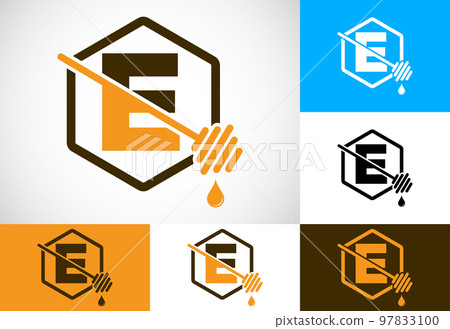 Initial letter E with honeycomb bees logo design vector illustration. Honey logo font emblem 97833100