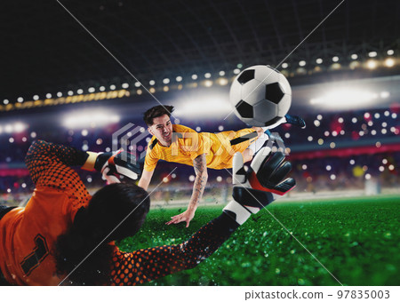 Goalkeeper parries a ball thrown by an attacker at the soccer stadium 97835003