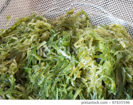 再水化的生魚片海帶特寫。 97835596
