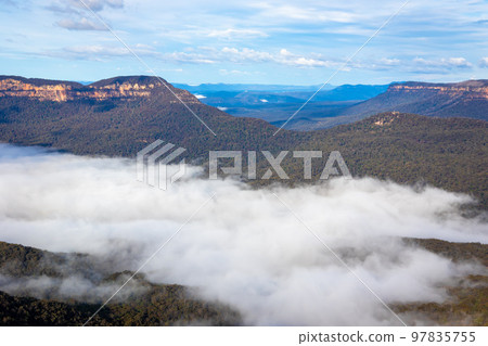 A forest with a sea of clouds and clouds in the blue sky seen in the Blue Mountains on the outskirts of Sydney A forest with a sea of clouds and clouds in the blue sky seen in the Blue Mountains on the outskirts of Sydney 97835755