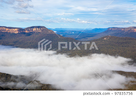 A forest with a sea of clouds and clouds in the blue sky seen in the Blue Mountains on the outskirts of Sydney A forest with a sea of clouds and clouds in the blue sky seen in the Blue Mountains on the outskirts of Sydney 97835756