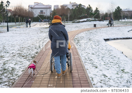 Caucasian woman driving her friend in a wheelchair along the lake in winter. 97836433