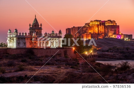 Mehrangharh Fort and Jaswant Thada mausoleum at sunset, Jodhpur, Rajasthan, India Mehrangharh Fort and Jaswant Thada mausoleum at sunset, Jodhpur, Rajasthan, India 97836536