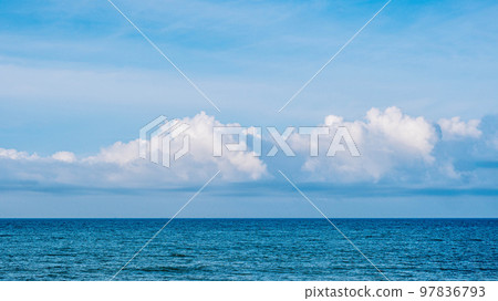 Atmosphere panorama real photo beautiful summer white cloud clear blue sky horizon line calm empty sea. Concept paradise life. Design relax wallpaper background. More tone format collection in stock 97836793