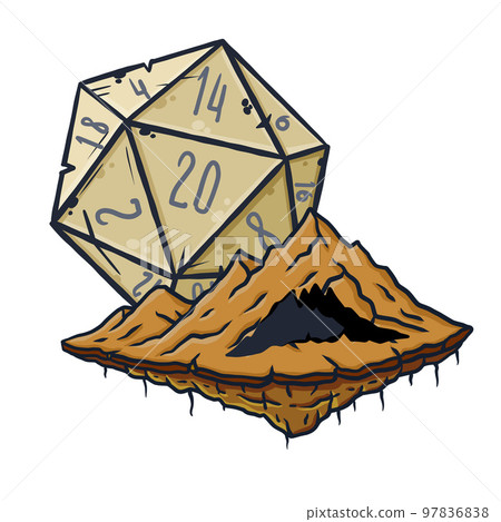 Dungeon and dragons board game. Dice d20 and cartoon cave entrance. Dungeon and dragons board game. Dice d20 and cartoon cave entrance. 97836838