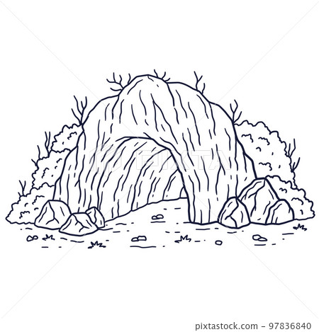 Entrance to cave. Stone mountain with underground dungeon. Hand drawn cartoon illustration. 97836840