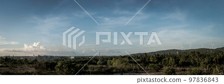 BANNER long format crop it, panorama summer landscape clouds buddhist temple statue windmills blue Sky Meditation background 97836843