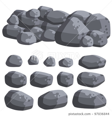 Stack of flat stone rock set. Different grey boulders. Pile of broken debris 97836844