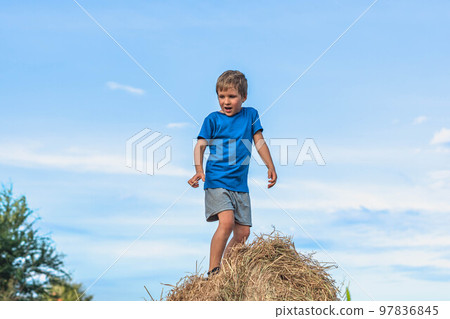 Boy smile play dance grimace show off blue t-shirt stand on haystack bales of dry grass, clear sky sunny day. Balance training. Concept happy childhood, children outdoors, clean air close to nature 97836845
