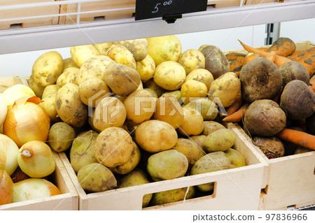 Fresh organic vegetables on shelf in shop. Healthy food concept. Vitamins and minerals. 97836966