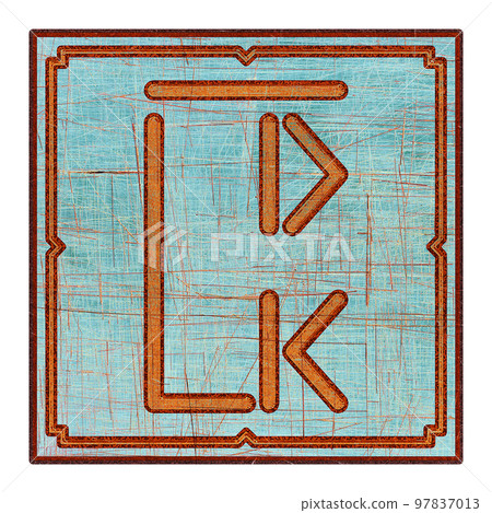 Scratched mystic card with fictional language hieroglyphs.Vintage art illustration.Meaningless text. 97837013