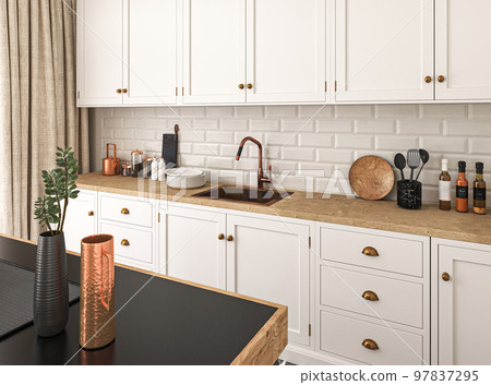 Loft kitchen interior with white tile. White color furniture. Modern countertops with a built in sink and a cooker. 3d rendering. High quality 3d illustration Loft kitchen interior with white tile. White color furniture. Modern countertops with a built in sink and a cooker. 3d rendering. High quality 3d illustration 97837295