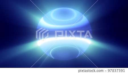 Blue glowing planet star in space glows with bright rays of the sun magical energy lines, shiny circle ball sphere. Abstract background 97837391