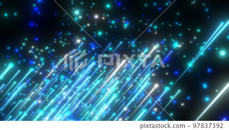 Abstract blue flying diagonal glowing lines meteorites of energy and light from particles and magic energy dots on a black background. Abstract background Abstract blue flying diagonal glowing lines meteorites of energy and light from particles and magic energy dots on a black background. Abstract background 97837392