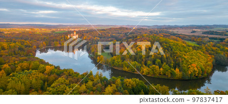 Konopiste medieval castle and Konopistsky water reservoir. Benesov, Czech Republic. Aerial view from drone. 97837417