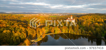Konopiste medieval castle and Konopistsky water reservoir. Benesov, Czech Republic. Aerial view from drone. 97837418