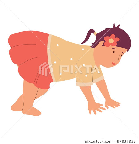 Baby girl. Toddler trying to get up. female baby in beige shirt and red skirt. happy infant smiling. Cute little child. Children age collection. Cartoon flat isolated illustration Baby girl. Toddler trying to get up. female baby in beige shirt and red skirt. happy infant smiling. Cute little child. Children age collection. Cartoon flat isolated illustration 97837833