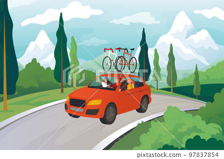 Family road trip. Car travel. Holiday summer drive. People in vacation. Mountain landscape. Bicycles on auto roof. Automobile tourism. Adventure journey. Vector cartoon illustration Family road trip. Car travel. Holiday summer drive. People in vacation. Mountain landscape. Bicycles on auto roof. Automobile tourism. Adventure journey. Vector cartoon illustration 97837854