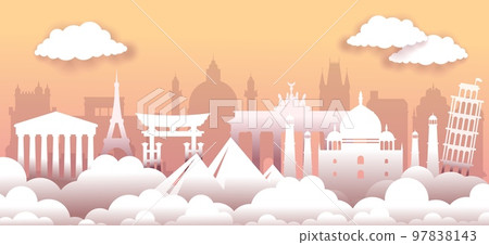 World travel monuments. Tourism landscape. Paper cut panorama. Famous culture heritage. City skyline origami. Sky clouds and capital buildings silhouettes. Vector illustration background 97838143