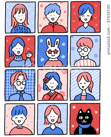 Bust-up icon set of smiling people and animals 97838580