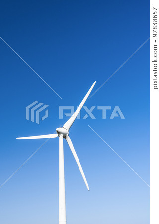 Close-up of wind power systems with blue sky background on the west coast of Taiwan. 97838657
