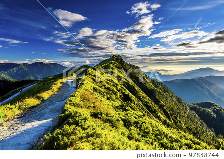 Layers of magnificent mountains landscape in Hehuanshan of Nantou, Taiwan. Taroko National Park is one of Taiwan's most popular tourist attractions.  97838744