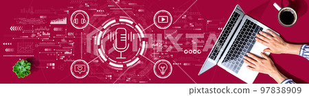 Podcast theme with person using a laptop 97838909