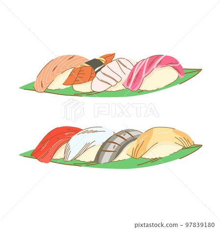Two sets of nigiri sushi served on flat banana leaves. Sushi with fish and nori. 97839180